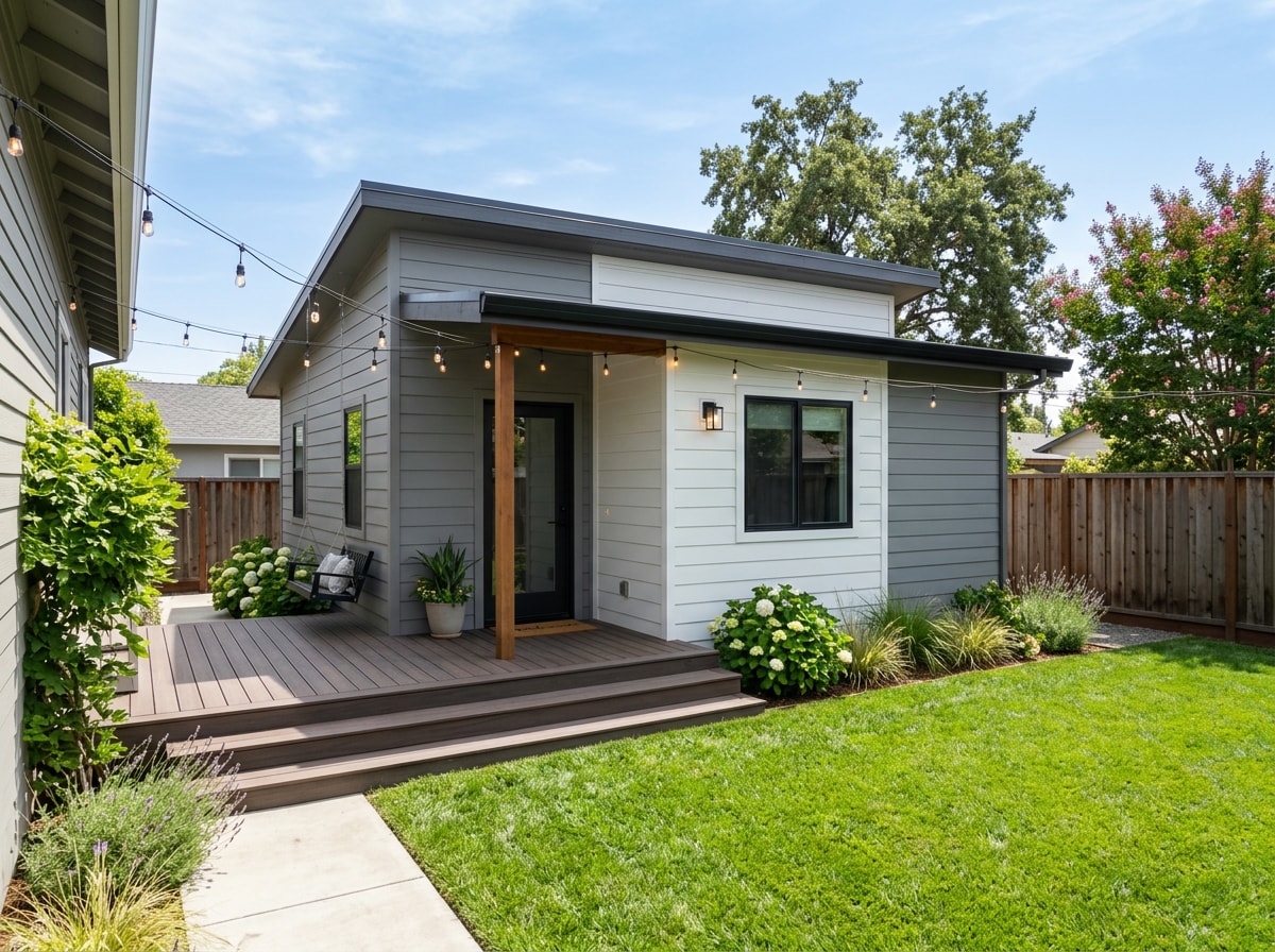 Detached ADU exterior in a Stockton, CA backyard with modern siding and covered entry