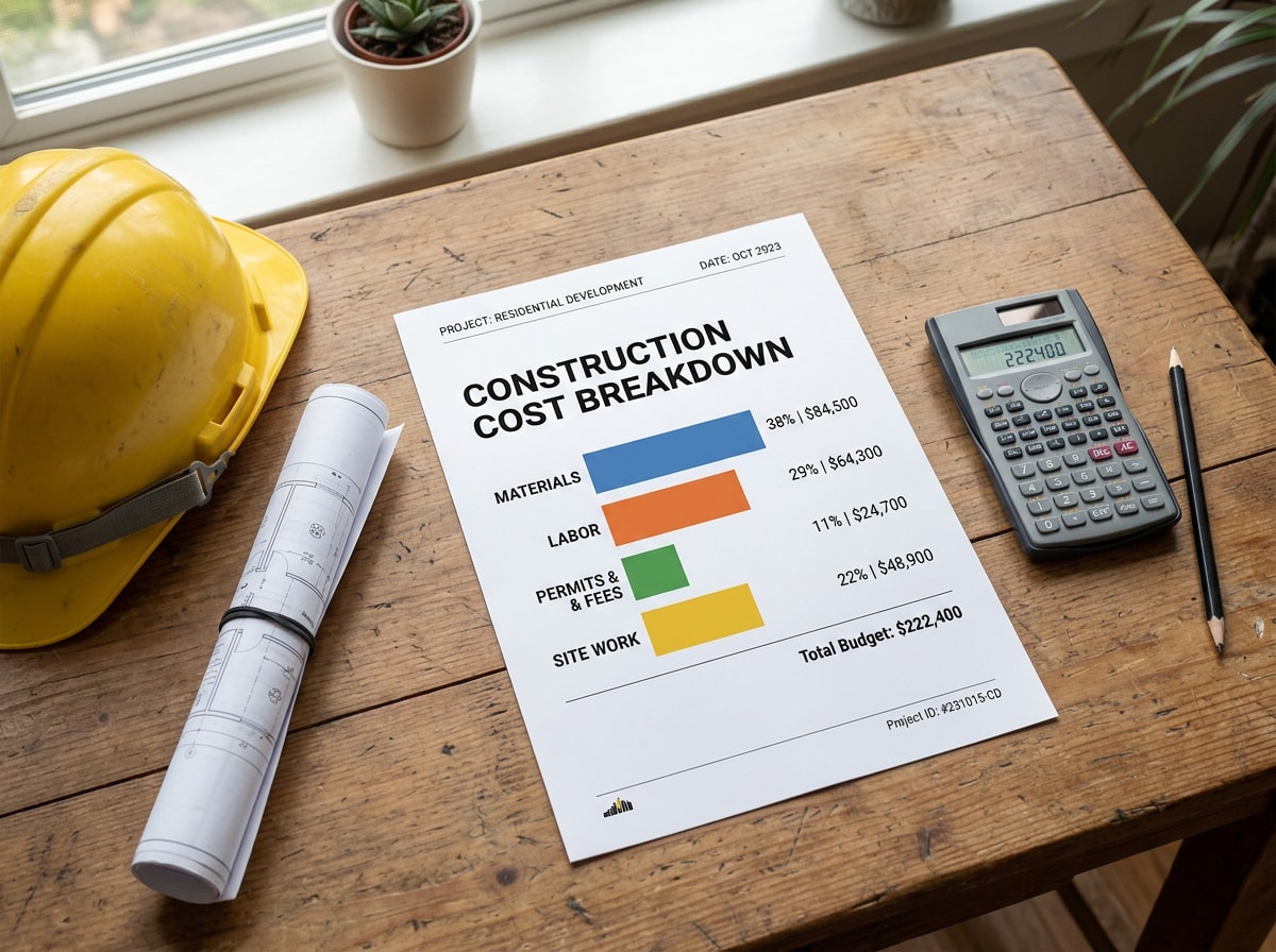 Sample ADU cost breakdown showing materials, labor, permits, and site work percentages