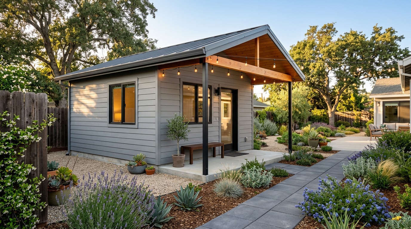 Finished detached ADU in a Stockton, CA backyard Finished detached ADU in a Stockton, CA backyard