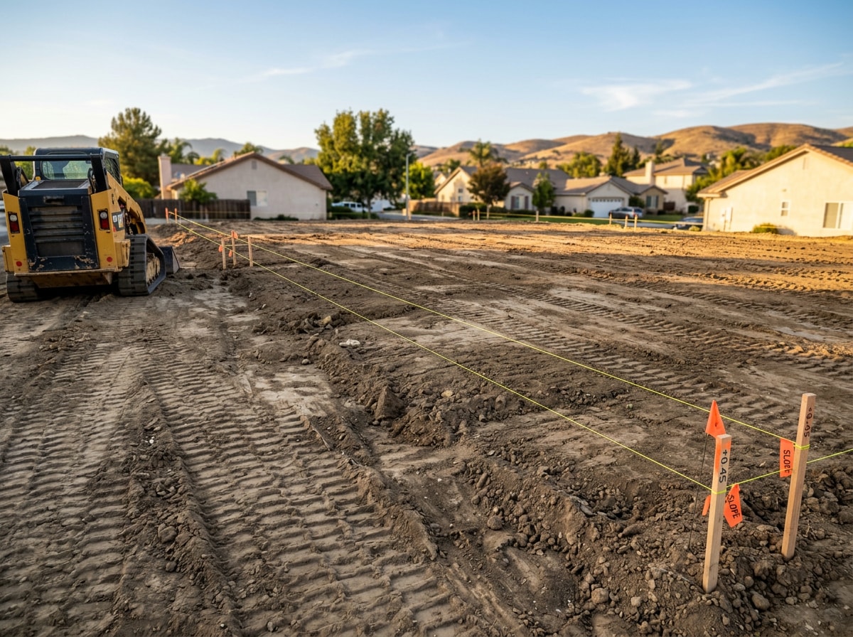 Civil constructor performing site grading and compaction on a Stockton, CA lot before foundation work