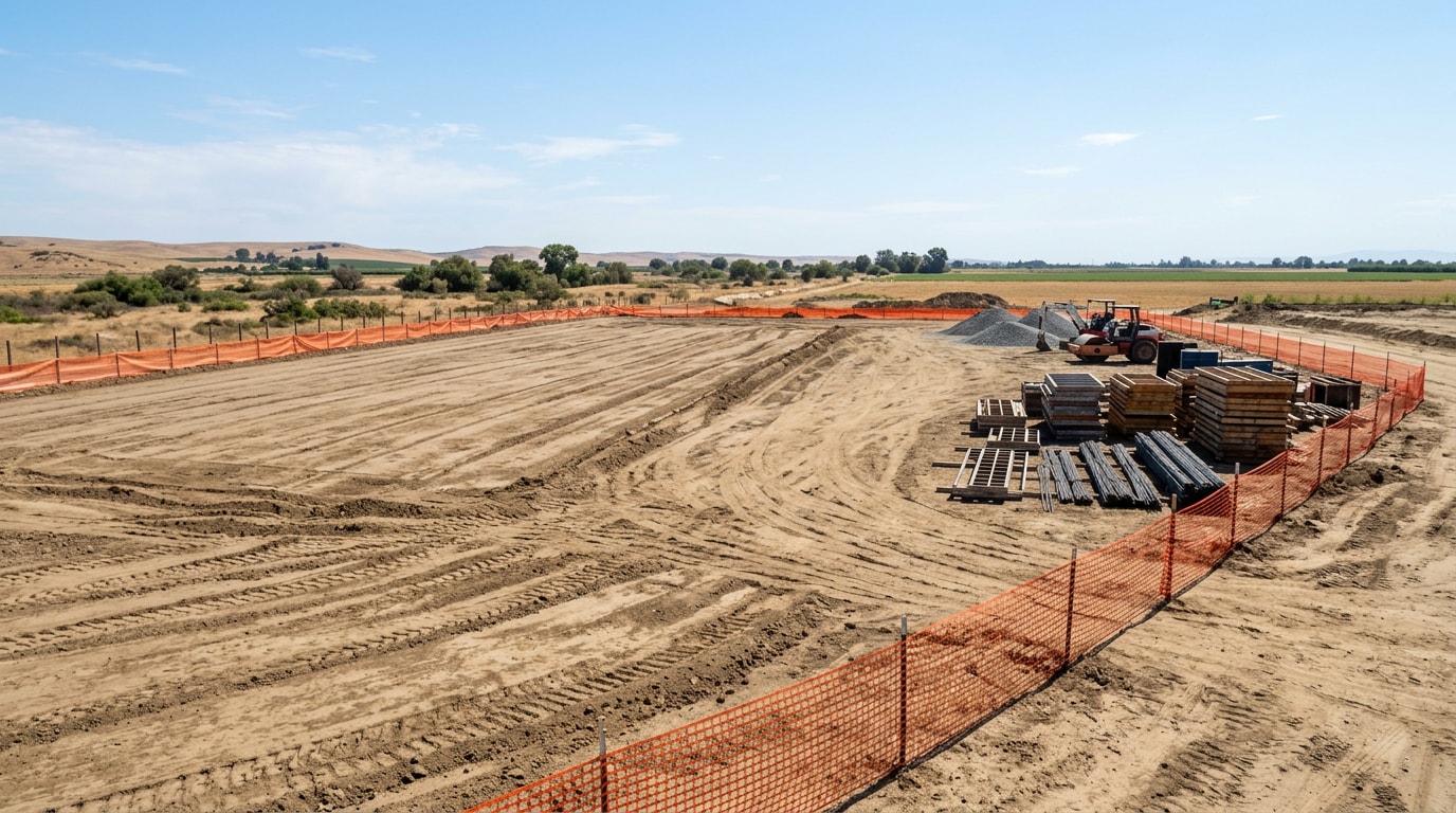 Graded construction site preparing for civil and concrete work in Stockton, CA Graded construction site preparing for civil and concrete work in Stockton, CA