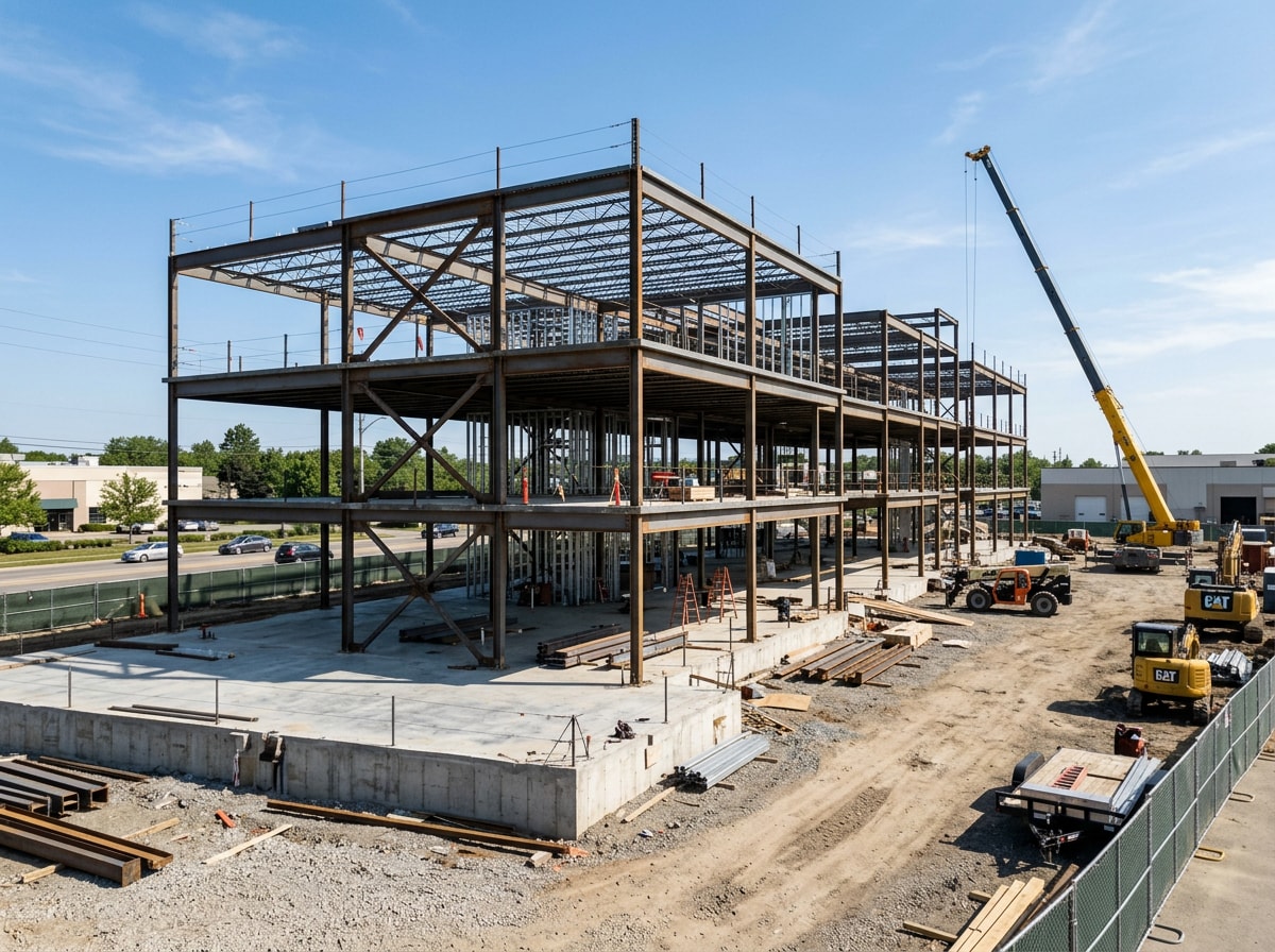 Commercial ground-up construction site in Brentwood, CA with framing and site work underway