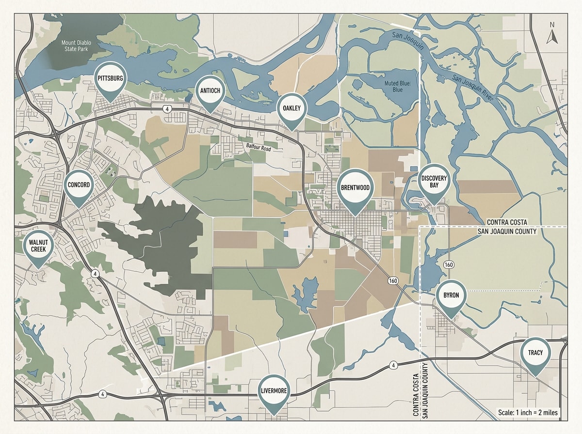 Map of Brentwood, CA and surrounding service area for commercial construction