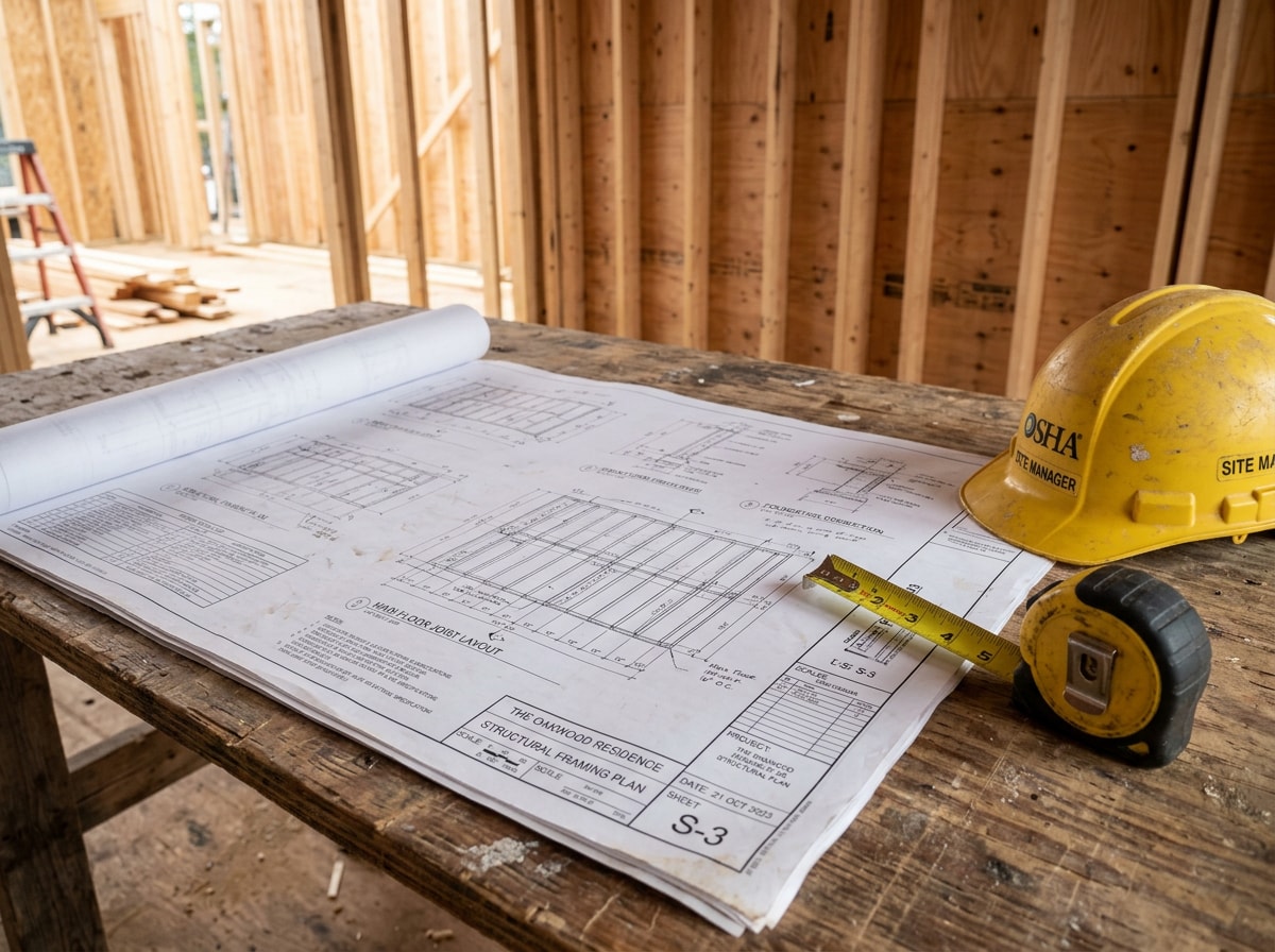 Project manager reviewing blueprints during a commercial framing site survey