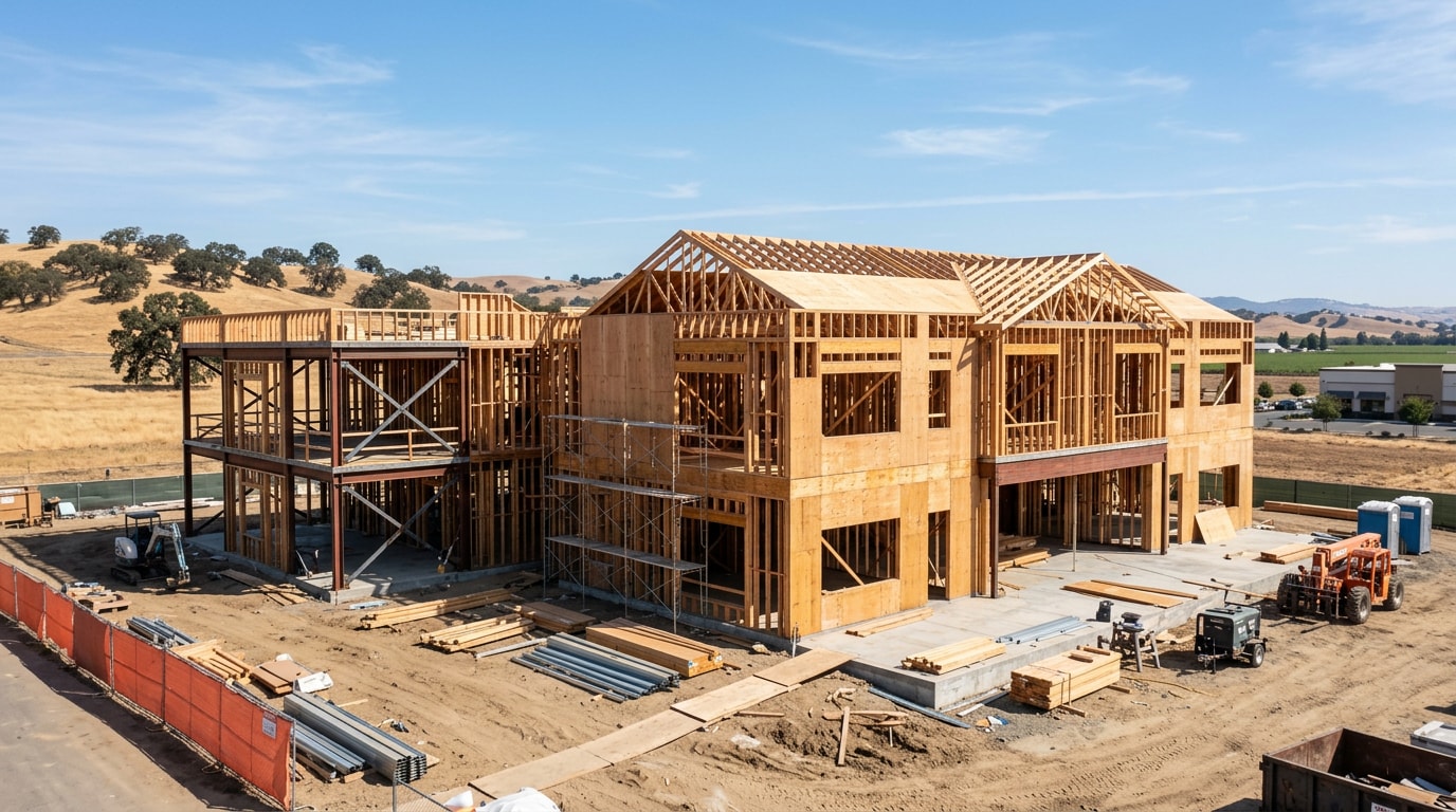 Commercial building structural framing in progress in Lodi, CA