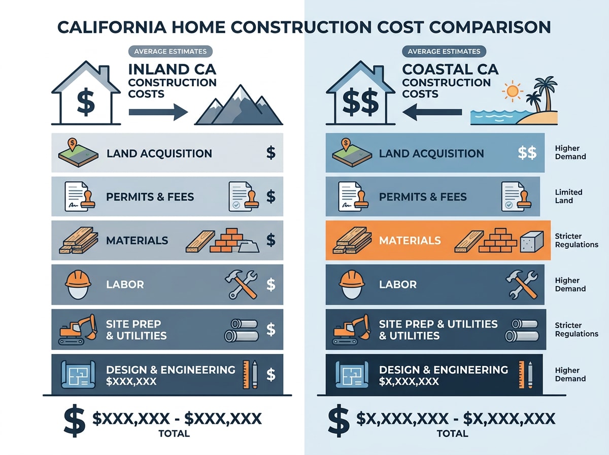 Comparison chart of inland versus coastal California custom home costs