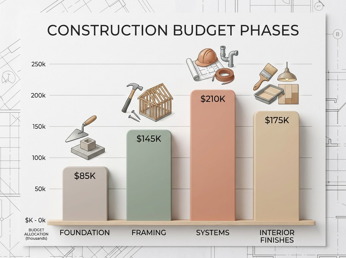 Bar chart showing budget breakdown by custom home construction phase