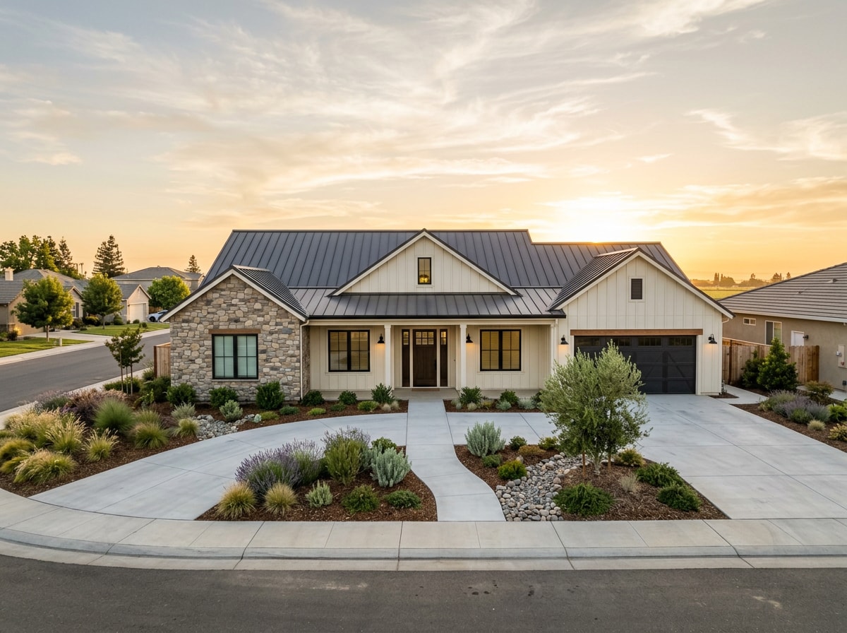 Finished custom home exterior in Ripon, California Central Valley style
