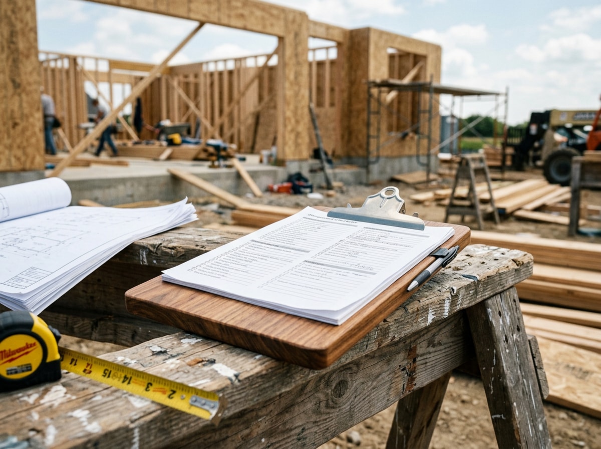 Custom home builder vetting checklist on a clipboard at a job site