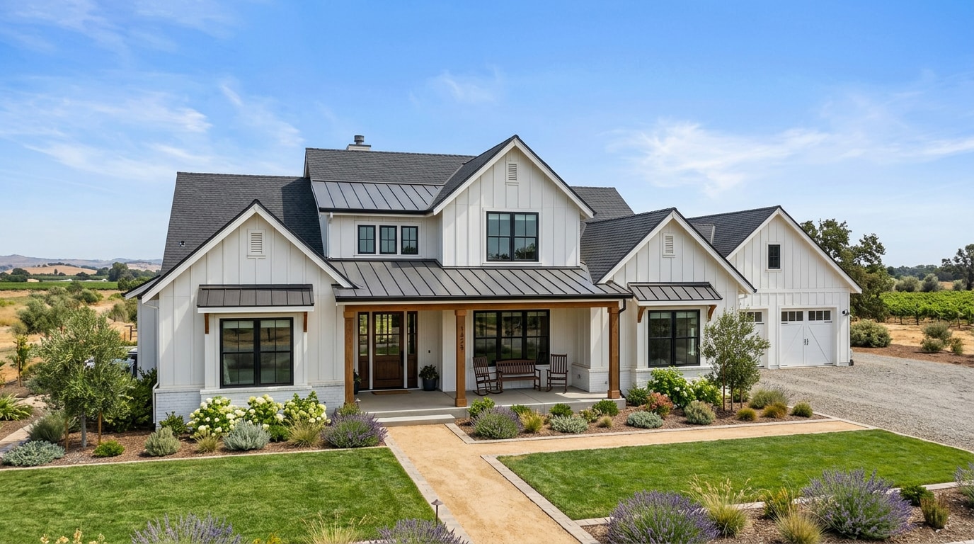 Finished custom home exterior built in Central Valley California style