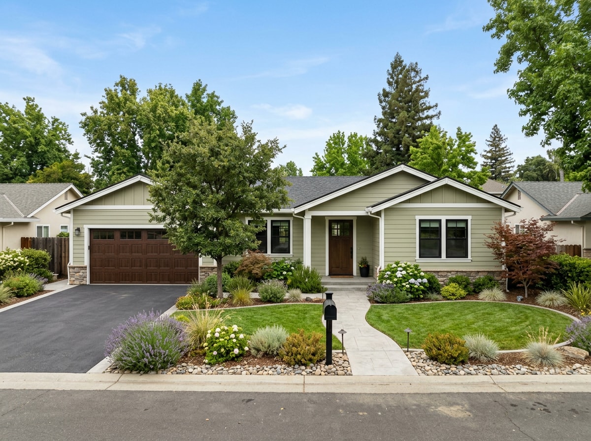 Finished whole-home renovation exterior with new siding and windows in a Tracy, CA neighborhood