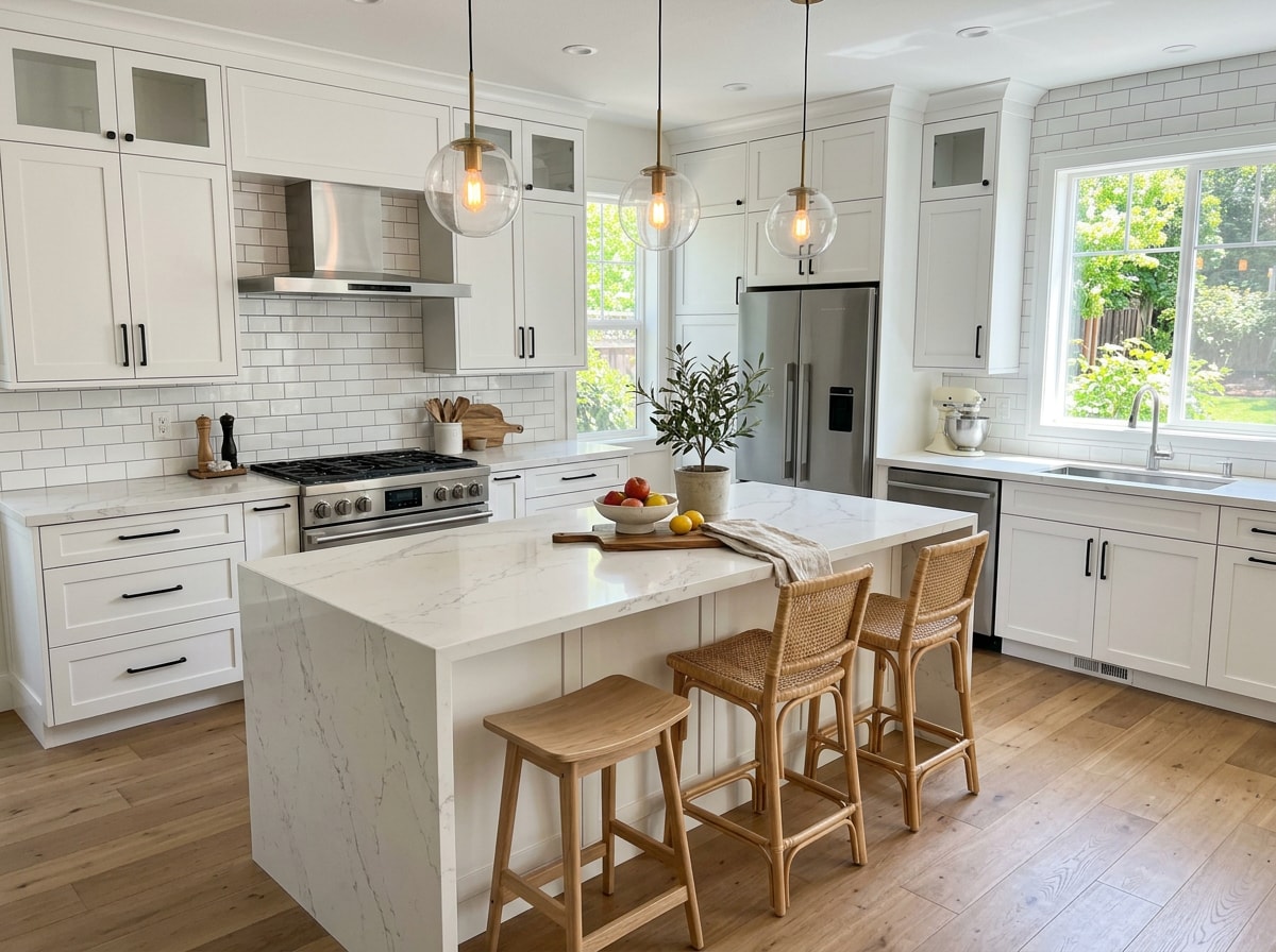 Finished kitchen remodel with custom cabinetry, waterfall island, and tile backsplash