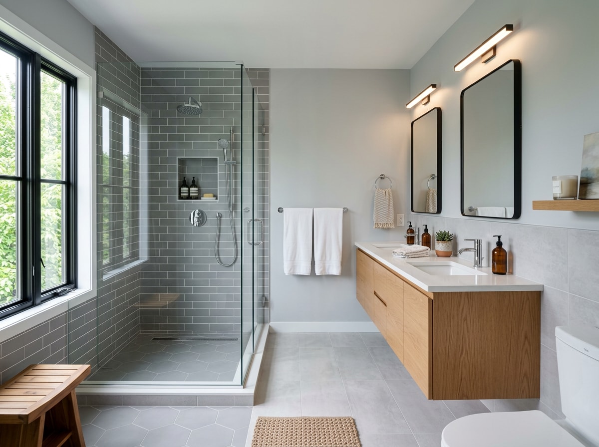 Finished bathroom remodel with a custom walk-in shower and tile surround