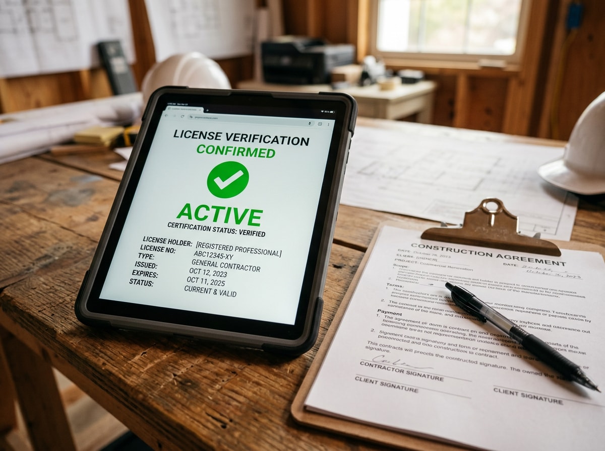 Close-up of a contractor license verification screen showing active status