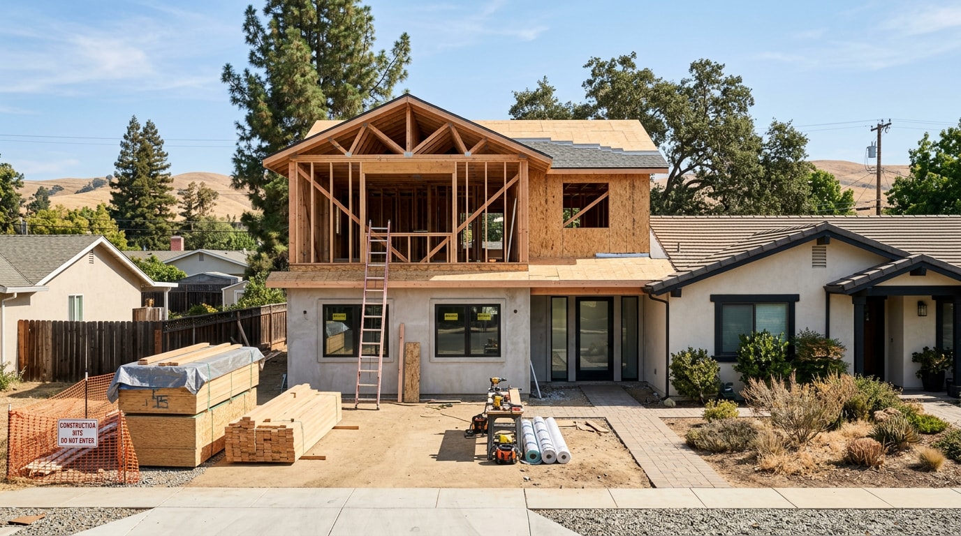 Finished home addition construction project in a Central Valley California neighborhood