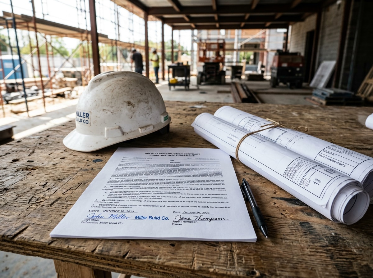 Signed construction contract and blueprints on a job site table with a hard hat