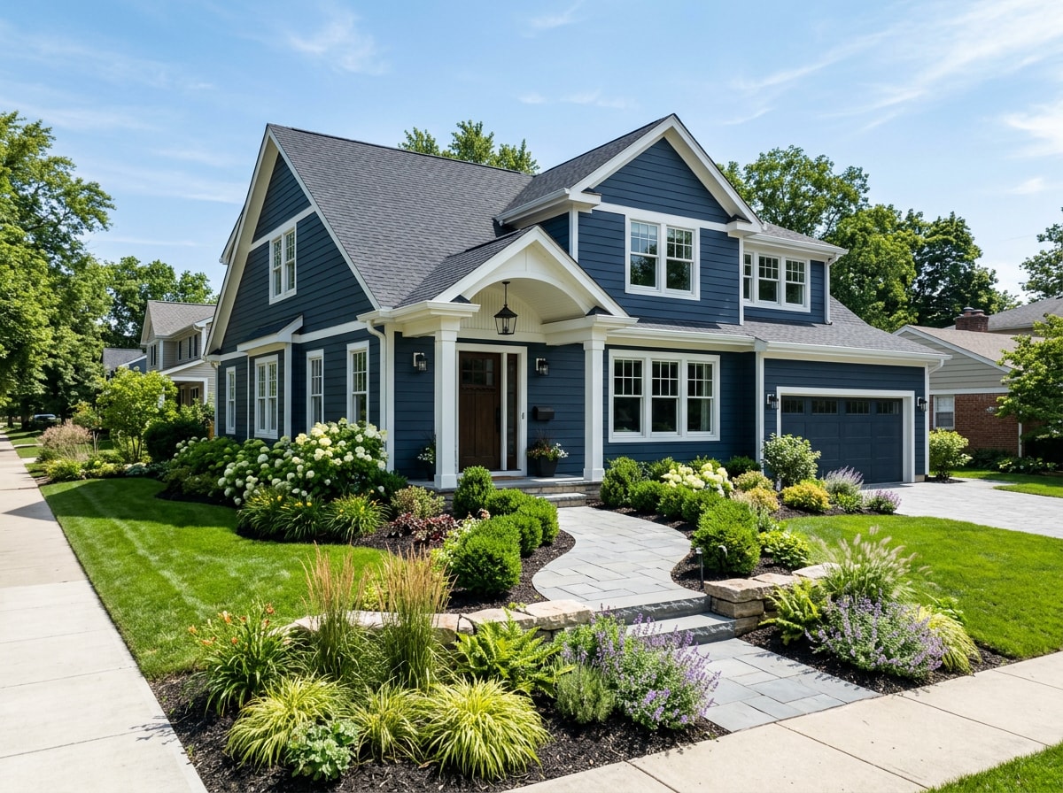 Finished exterior renovation on a residential home with new siding and landscaping
