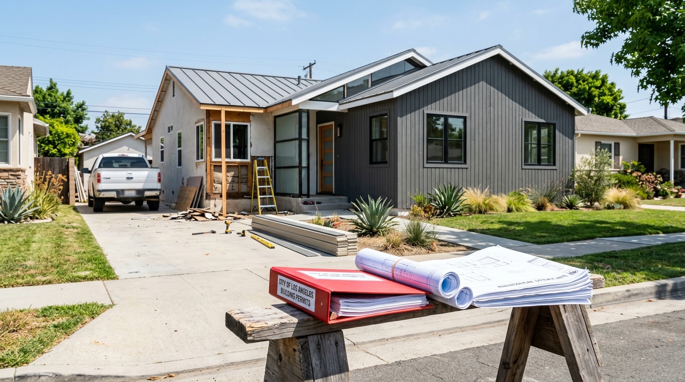 Home renovation project with permits and blueprints on site in Tracy, CA