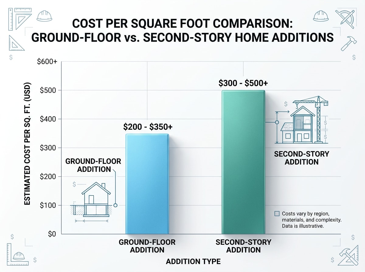 Bar chart comparing home addition cost per square foot for ground-floor build-out versus second-story build-up in Tracy CA
