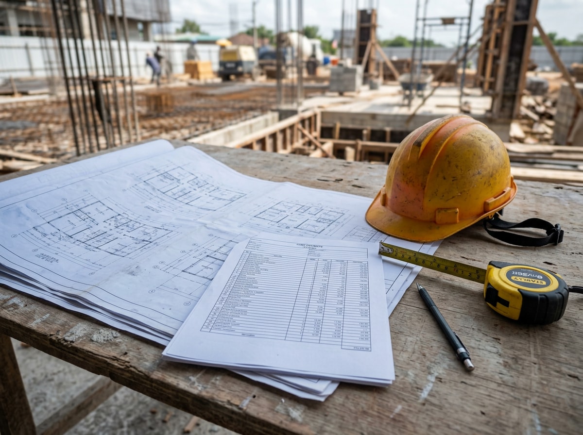 General contractor reviewing home addition blueprints and cost estimate with homeowners in Tracy CA