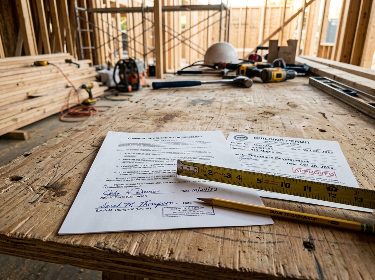 Signed construction contract and permit documents on a jobsite table