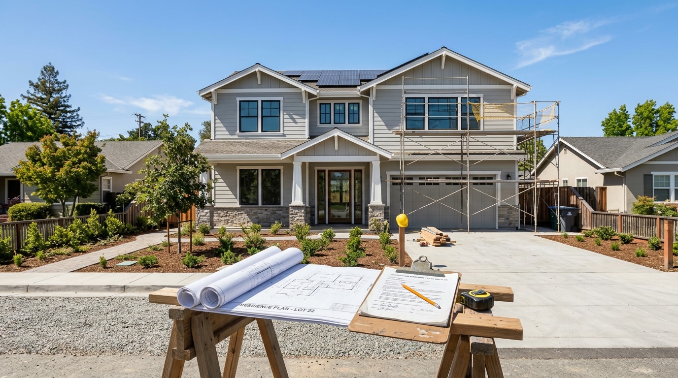 Residential construction project exterior with contract documents on site in Brentwood, CA Residential construction project exterior with contract documents on site in Brentwood, CA