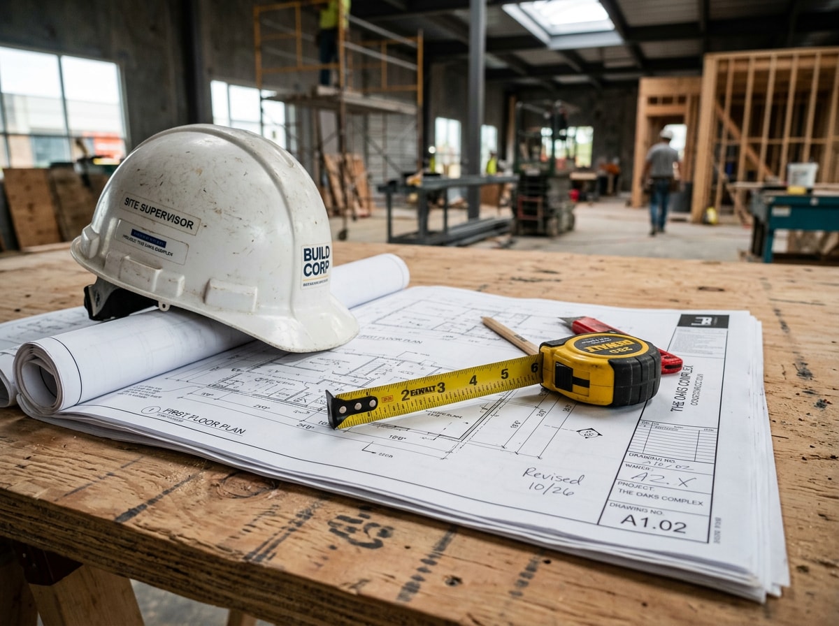 Blueprints, hard hat, and tape measure laid out on a job site table representing project scope comparison