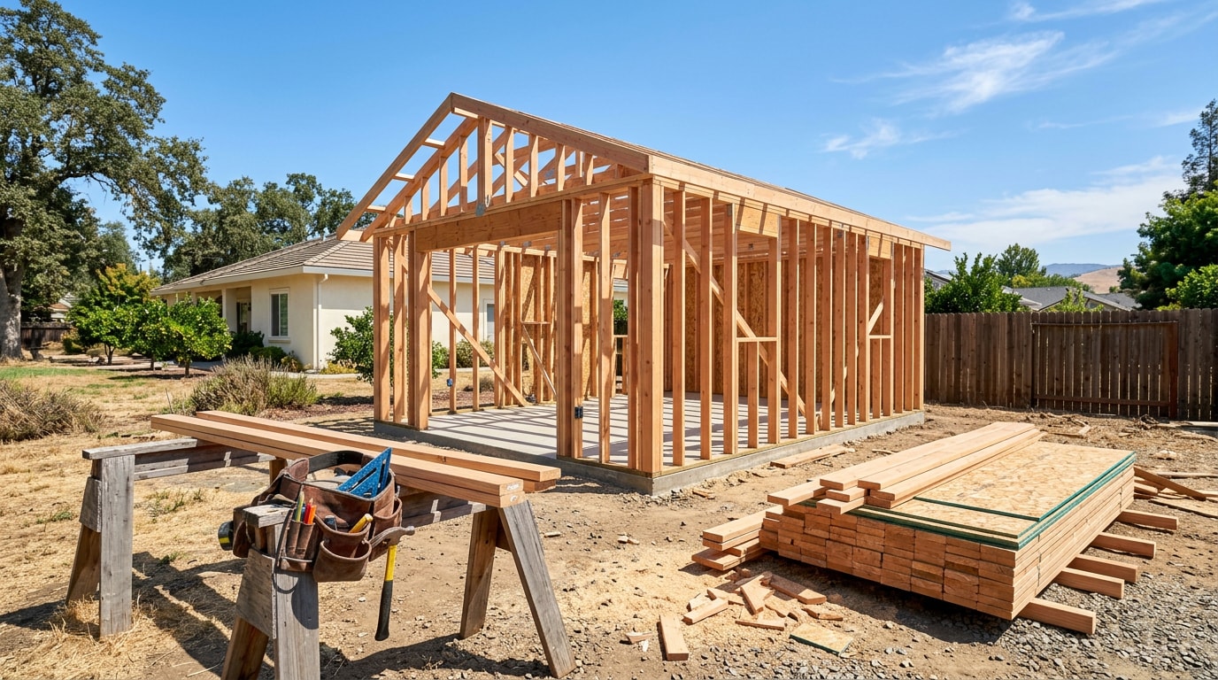 Framed accessory dwelling unit under construction in a Central Valley California backyard Framed accessory dwelling unit under construction in a Central Valley California backyard
