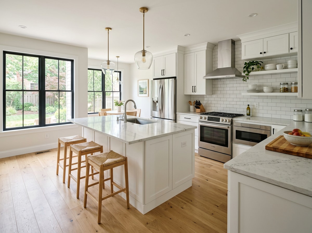 Completed kitchen remodel with new cabinetry, countertops, and tile backsplash
