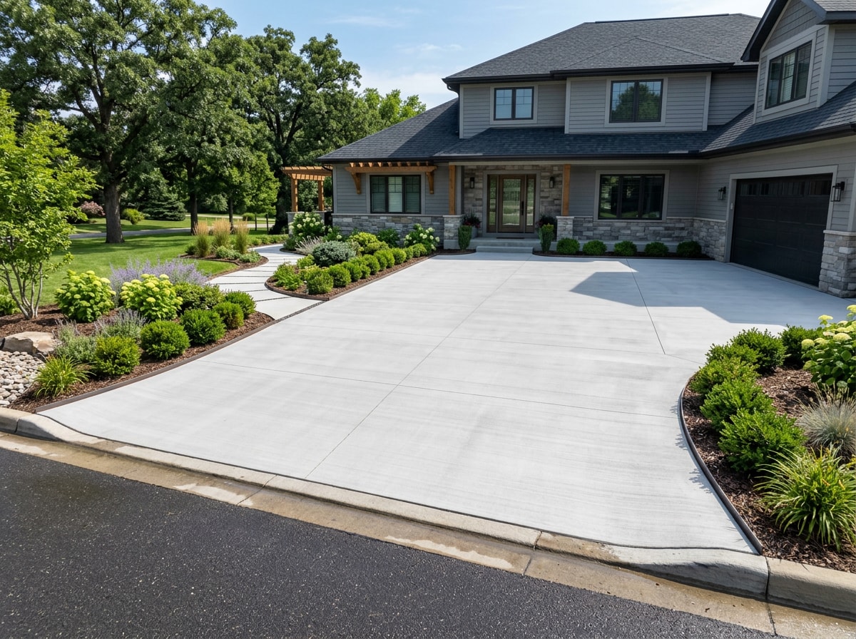 Finished concrete patio and driveway after a residential hardscape project