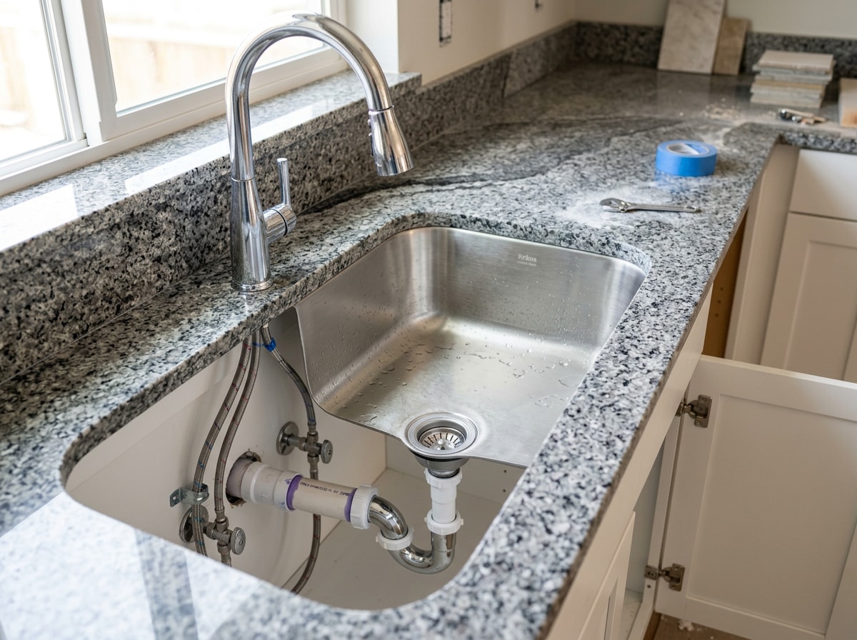 Newly installed kitchen sink and faucet fixtures during a remodel in a Woodbridge, CA home