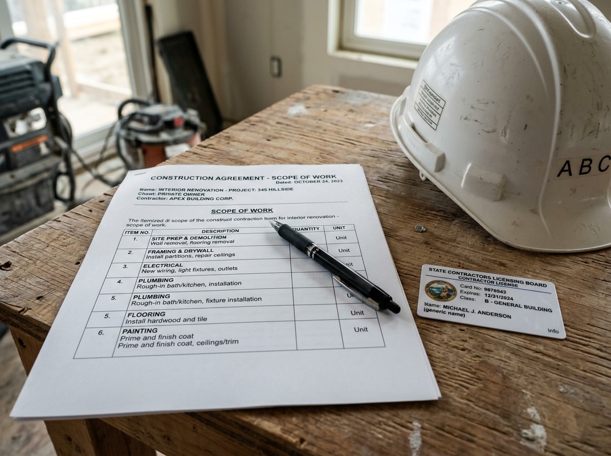 Sample remodeling contract checklist showing itemized scope, materials, and payment terms next to a CSLB license card