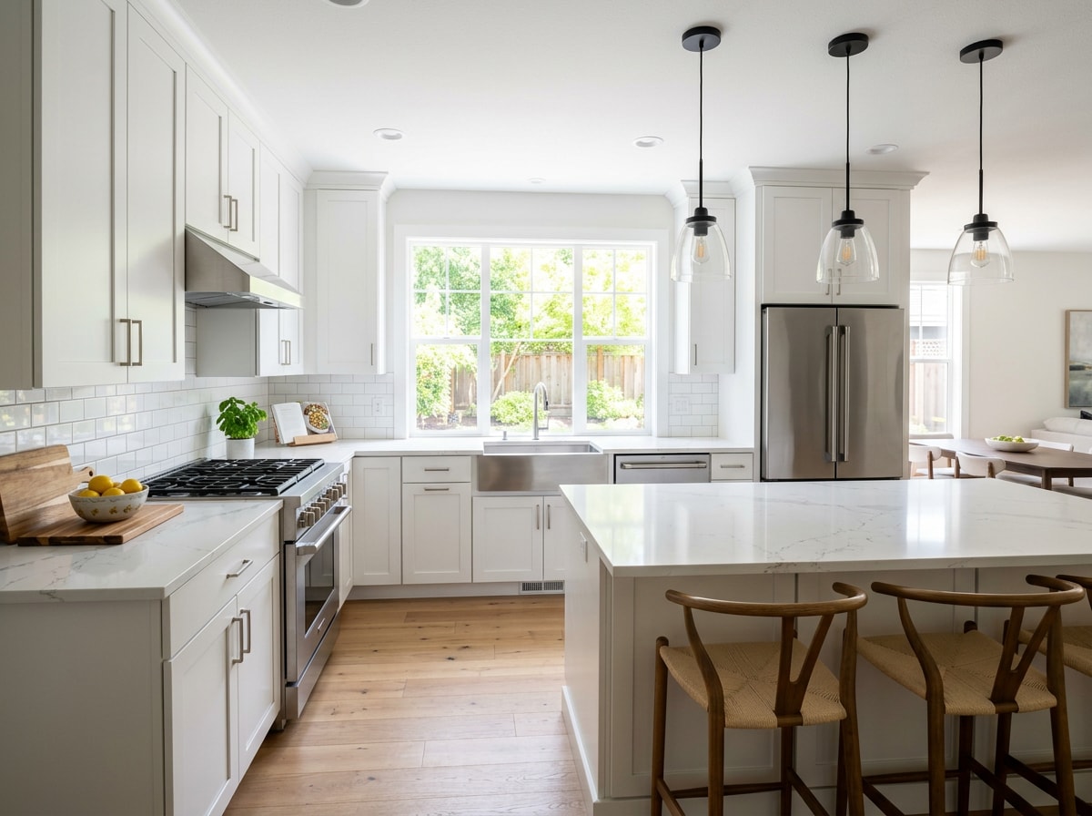 Completed kitchen remodel showing new cabinets, countertops, and backsplash in a Stockton California home