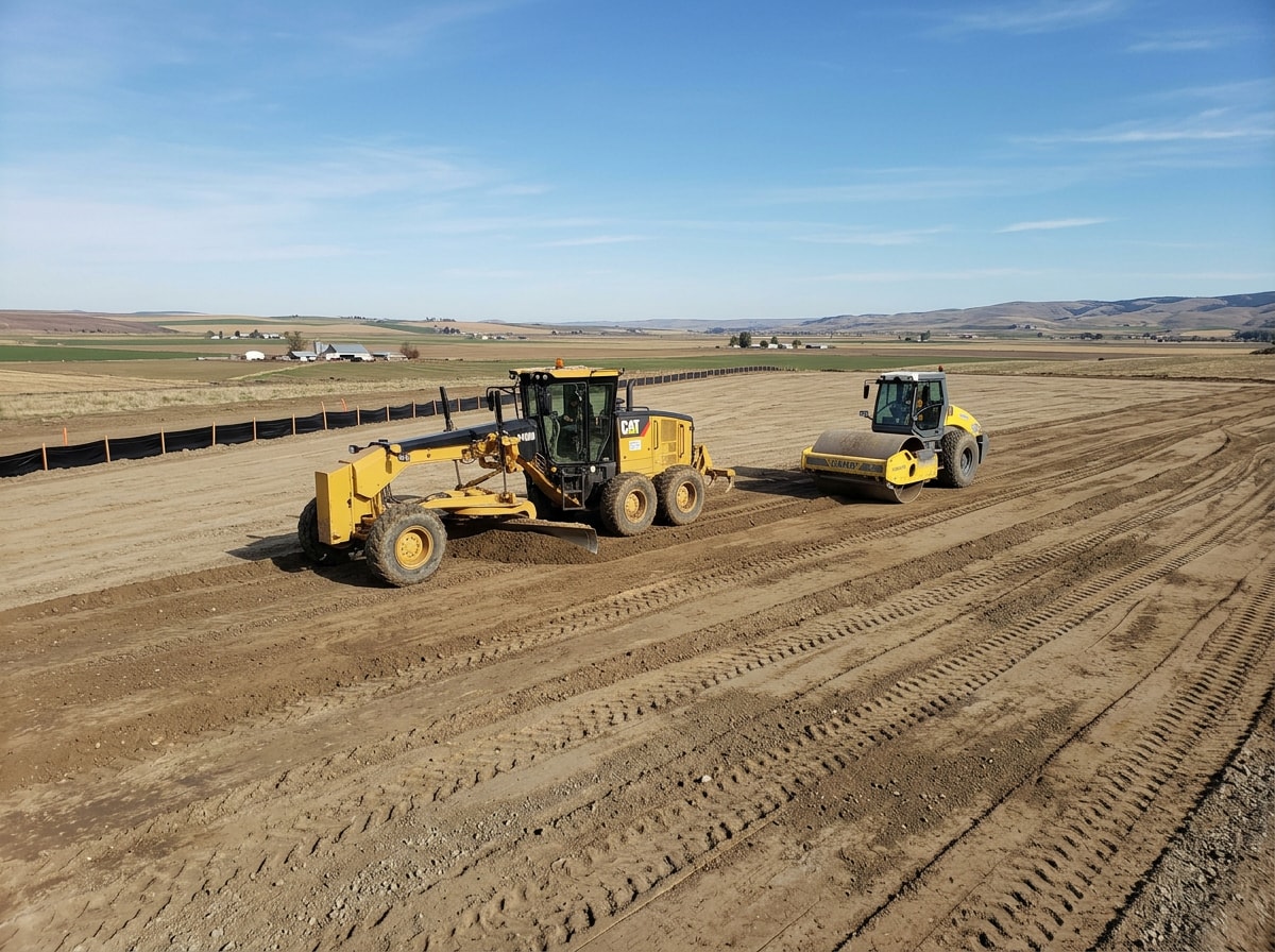 Heavy equipment grading and compacting a building site
