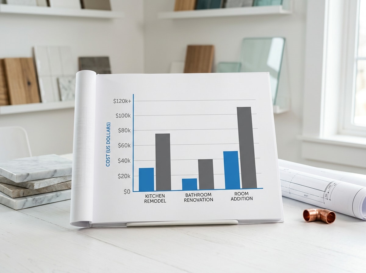Bar chart comparing 2026 cost ranges for kitchen, bathroom, and room addition projects in Tracy, CA