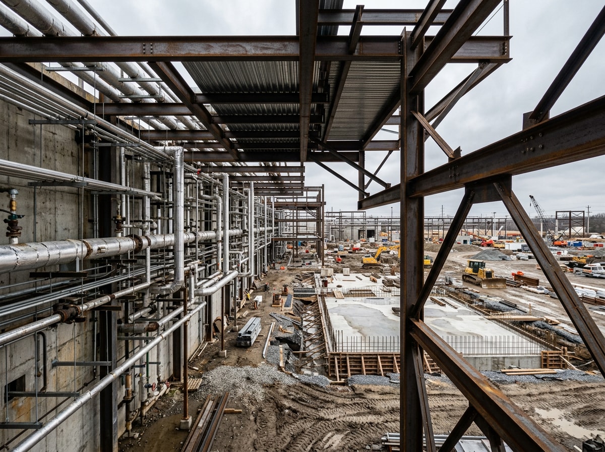 Industrial construction site showing structural steel framing, mechanical piping, and civil sitework coordination