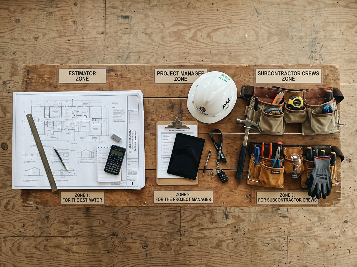 Diagram comparing a contractor estimator, on-site project manager, and subcontractors on a remodel site