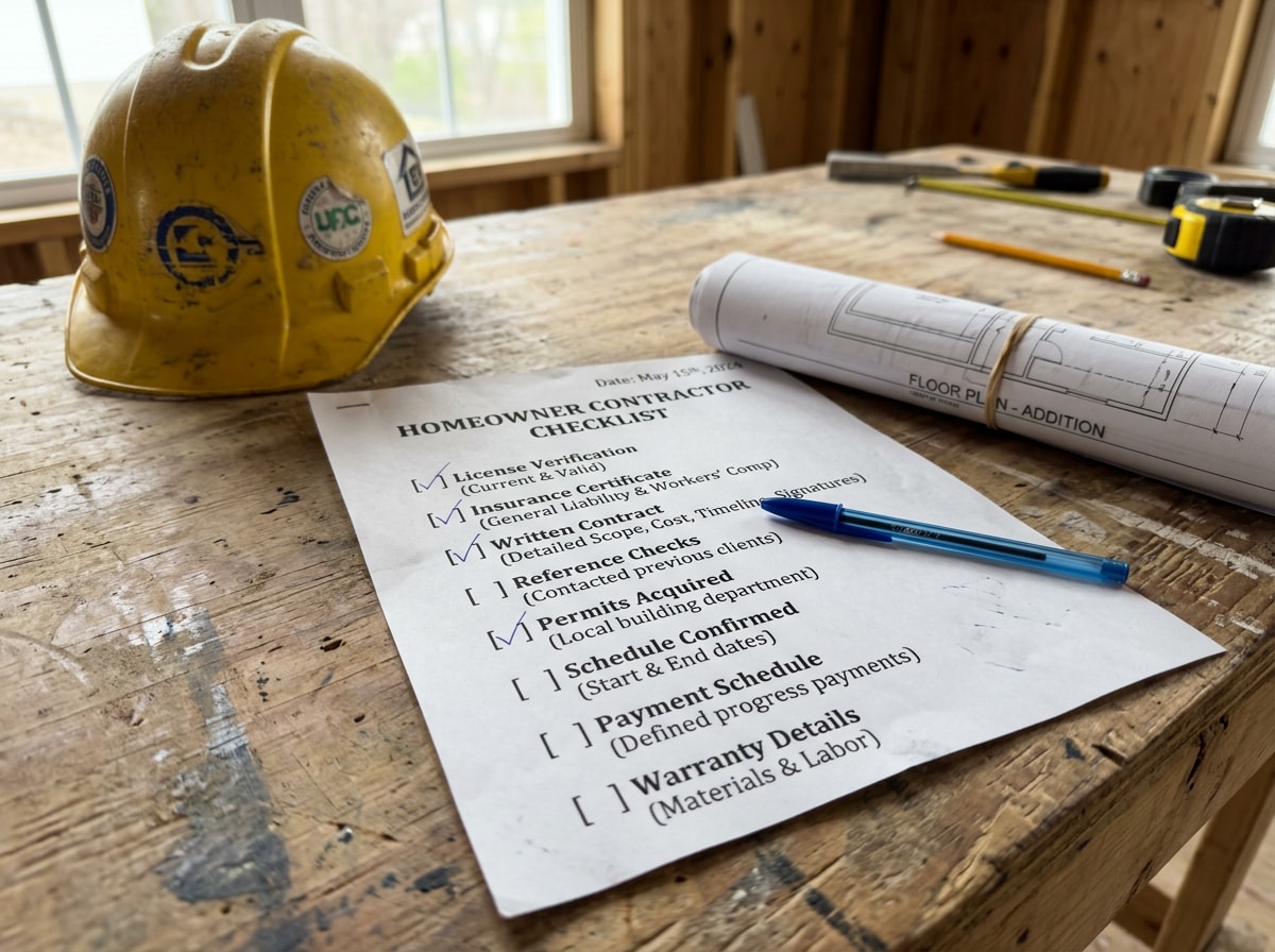 Homeowner's checklist for vetting a general contractor before hiring, including license, insurance, and contract items