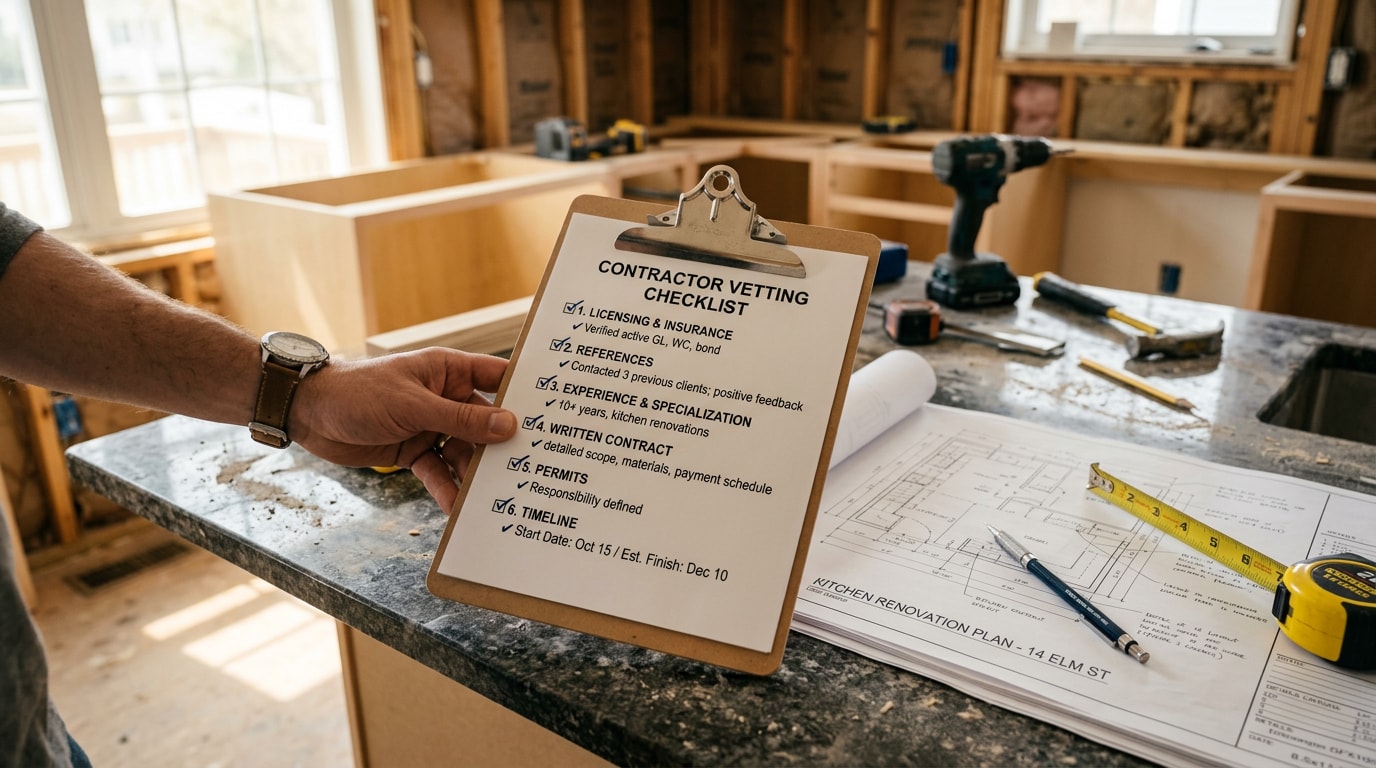 Checklist for vetting a general contractor resting on a kitchen countertop during a remodel Checklist for vetting a general contractor resting on a kitchen countertop during a remodel