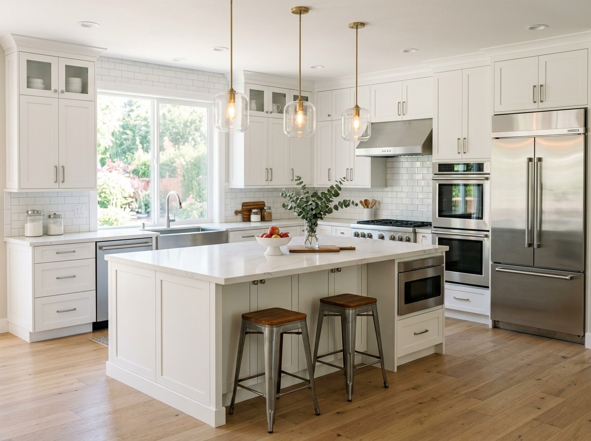 Finished kitchen remodel featuring new cabinetry and island in an Elk Grove home