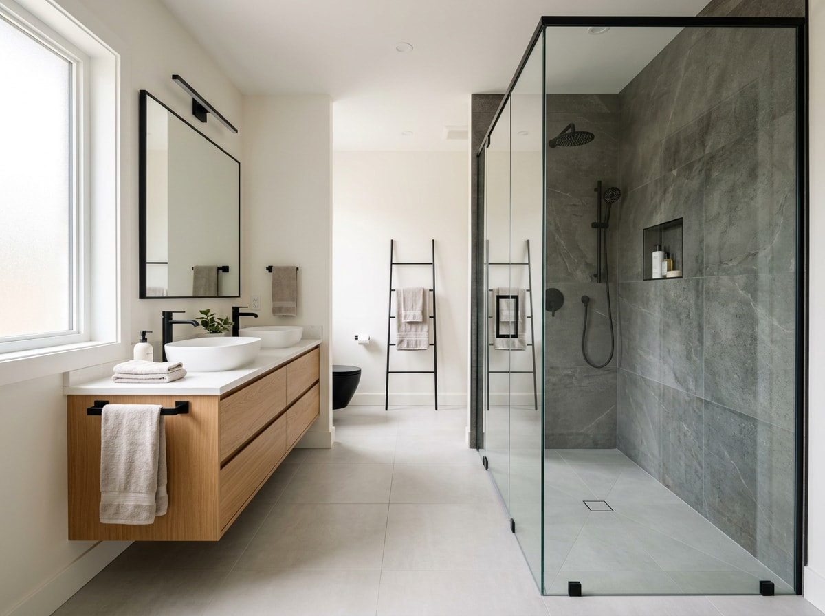 Modern bathroom remodel with walk-in shower and tile accents