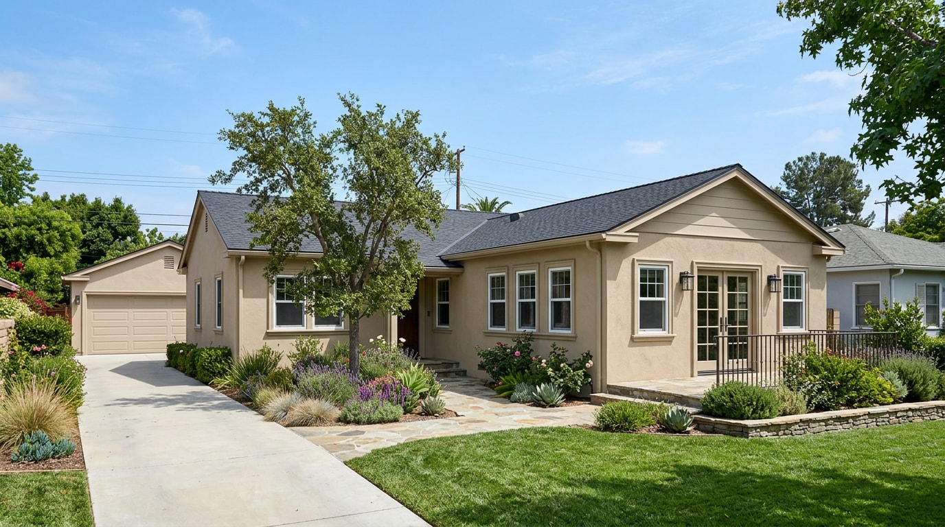 Completed residential home addition matching the existing house exterior in Ripon, CA