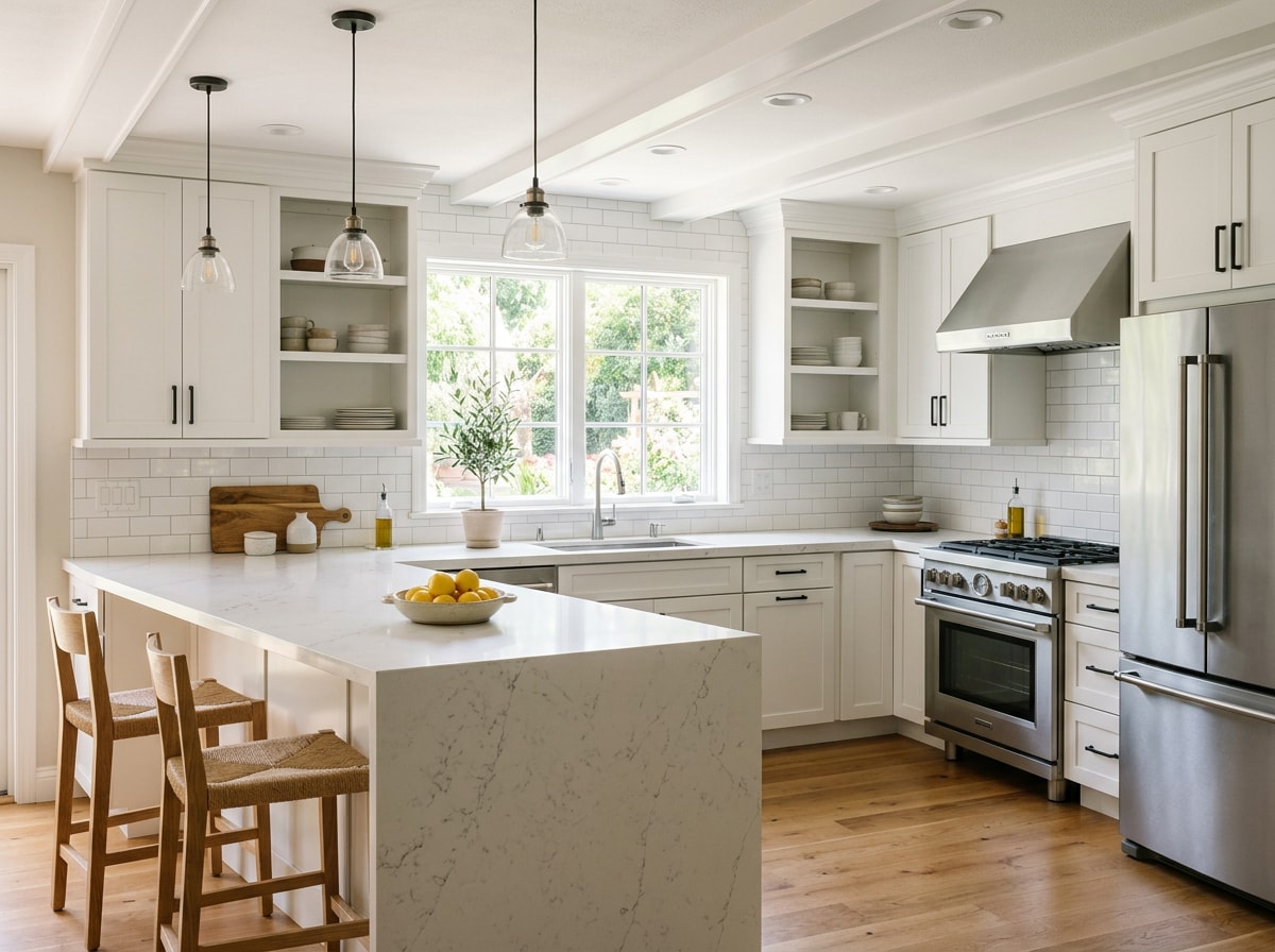 before and after photo of a remodeled kitchen showing new cabinets and countertops