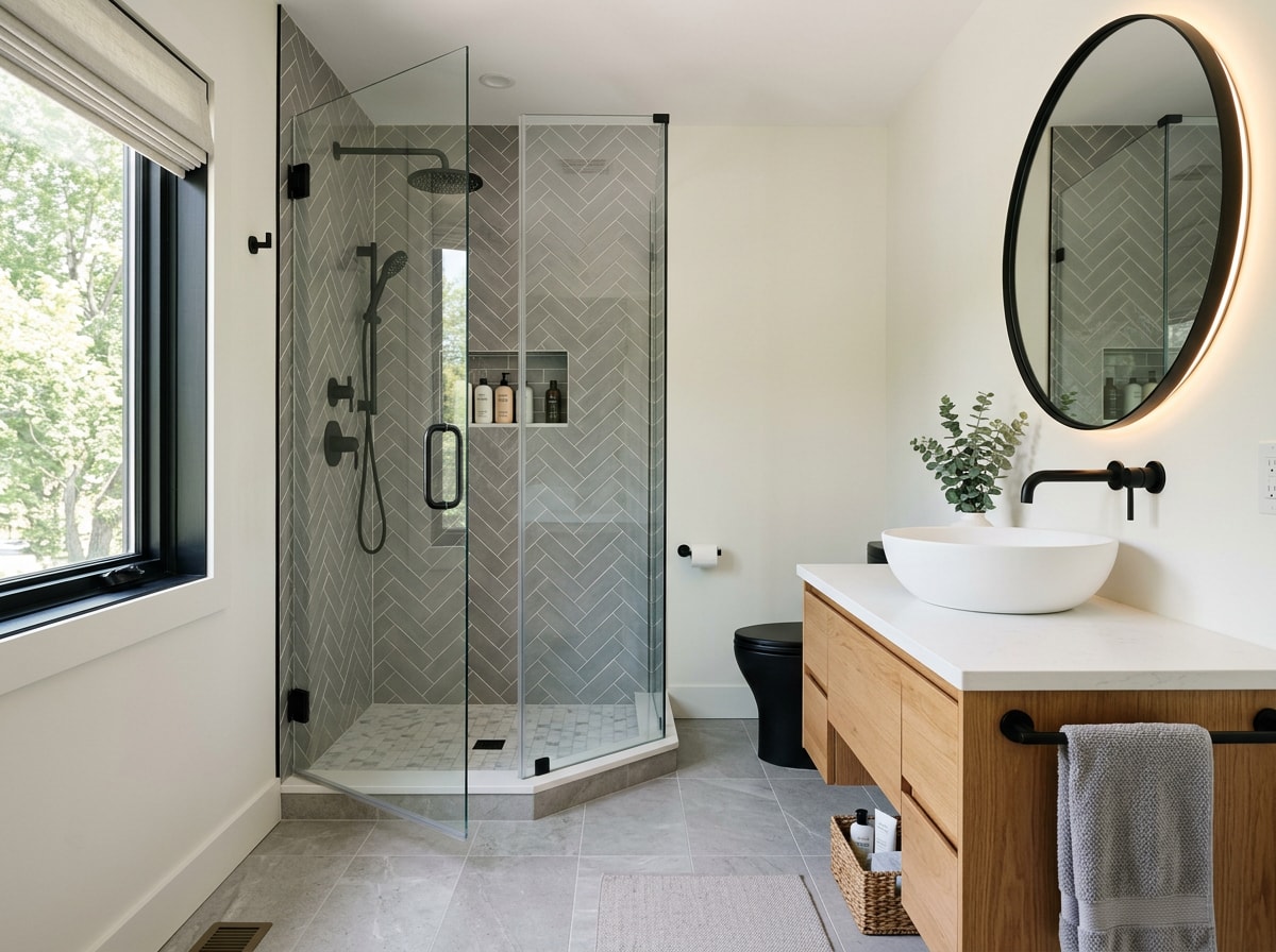finished bathroom remodel with new tile shower and vanity in a Woodbridge CA home
