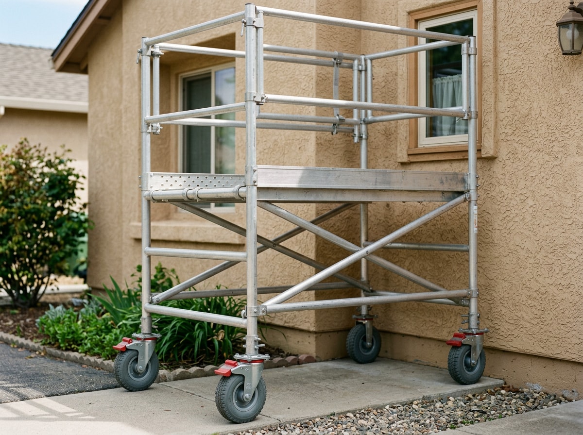 Rolling tower scaffold set up against a residential exterior wall in Lodi, CA