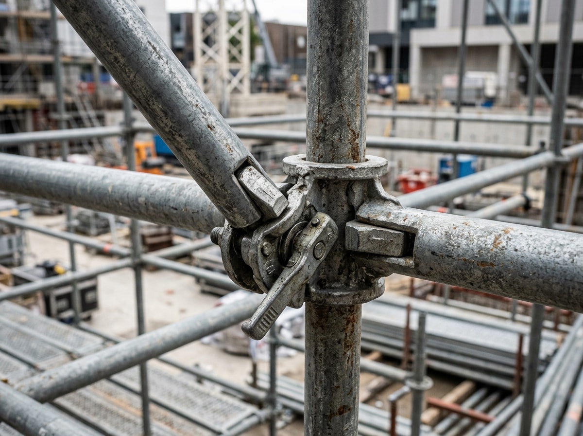 Close-up of a ring-lock scaffold connection joint on an exterior wall