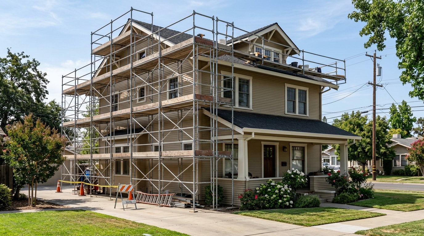Professional scaffolding erected on the exterior of a home in Lodi, CA Professional scaffolding erected on the exterior of a home in Lodi, CA