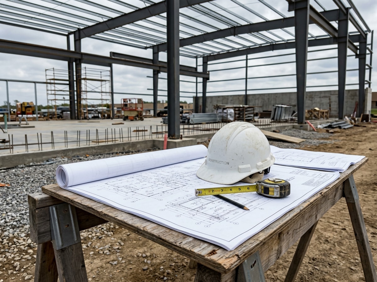 Warehouse builders in Tracy, CA reviewing construction blueprints on an active industrial jobsite