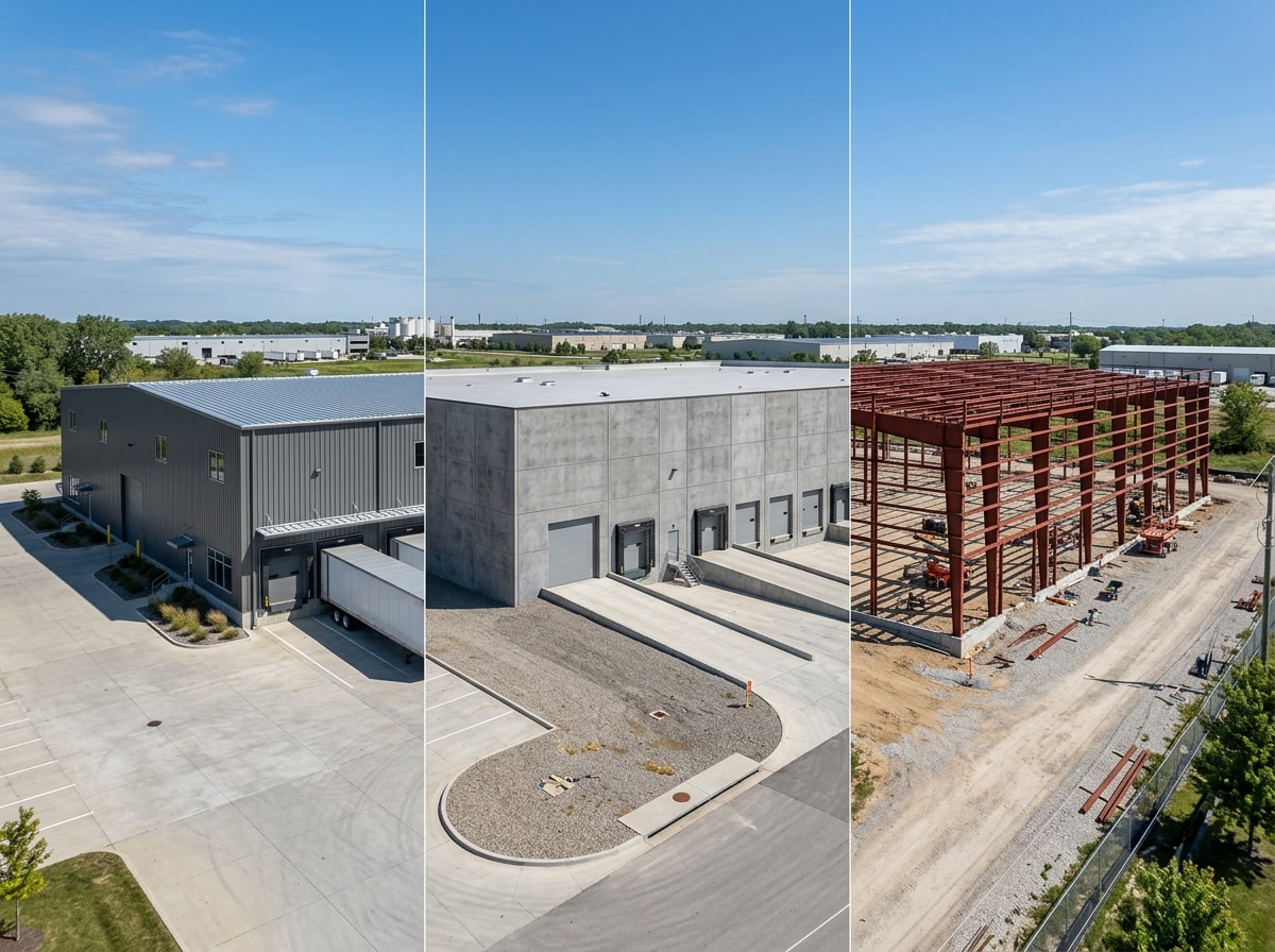 Side-by-side comparison of pre-engineered metal, tilt-up concrete, and structural steel warehouse framing