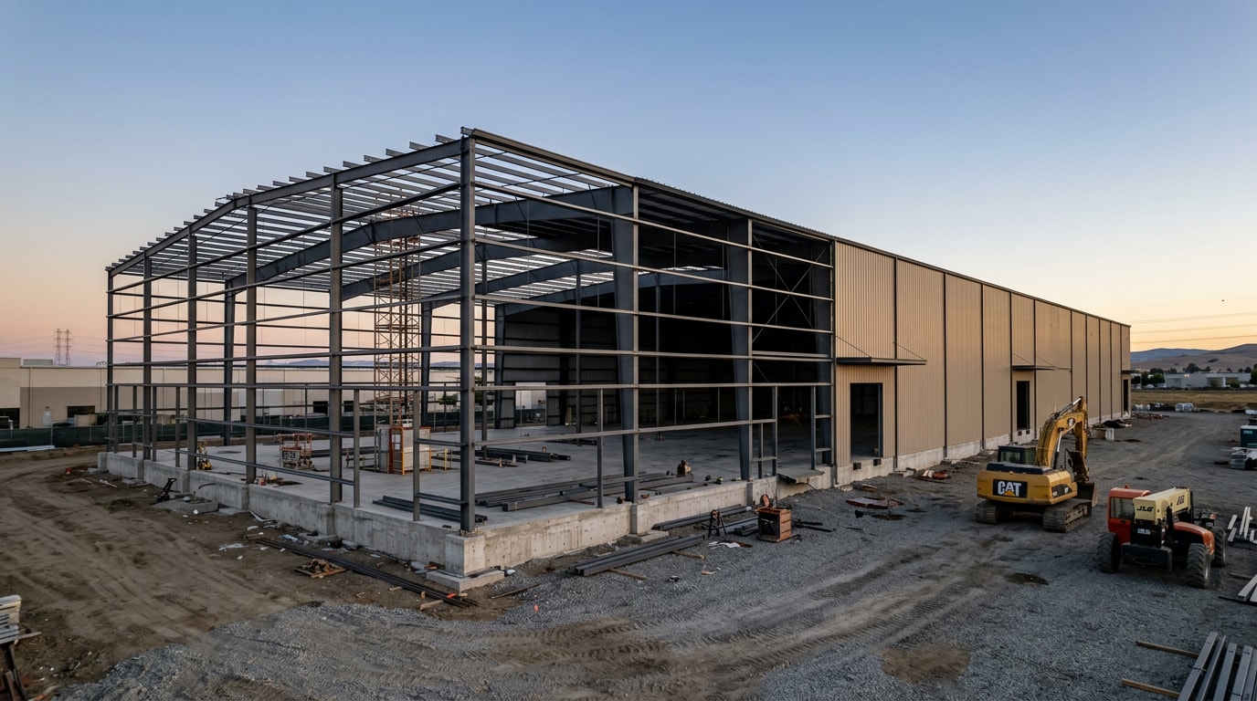 Pre-engineered steel warehouse building under construction in an industrial park near Tracy, CA Pre-engineered steel warehouse building under construction in an industrial park near Tracy, CA